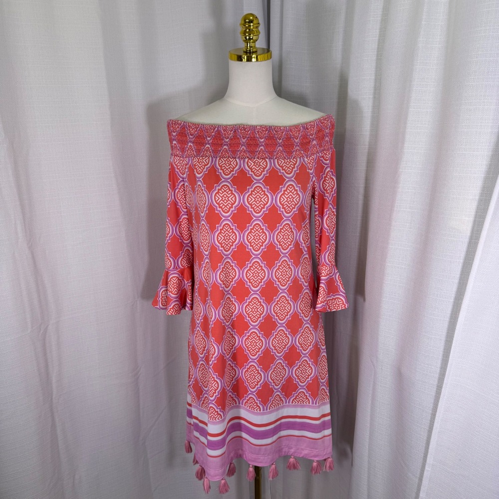 NWOT Cabana Life Off The Shoulder Dress Medium Coral Pink Tassel Bell Sleeve